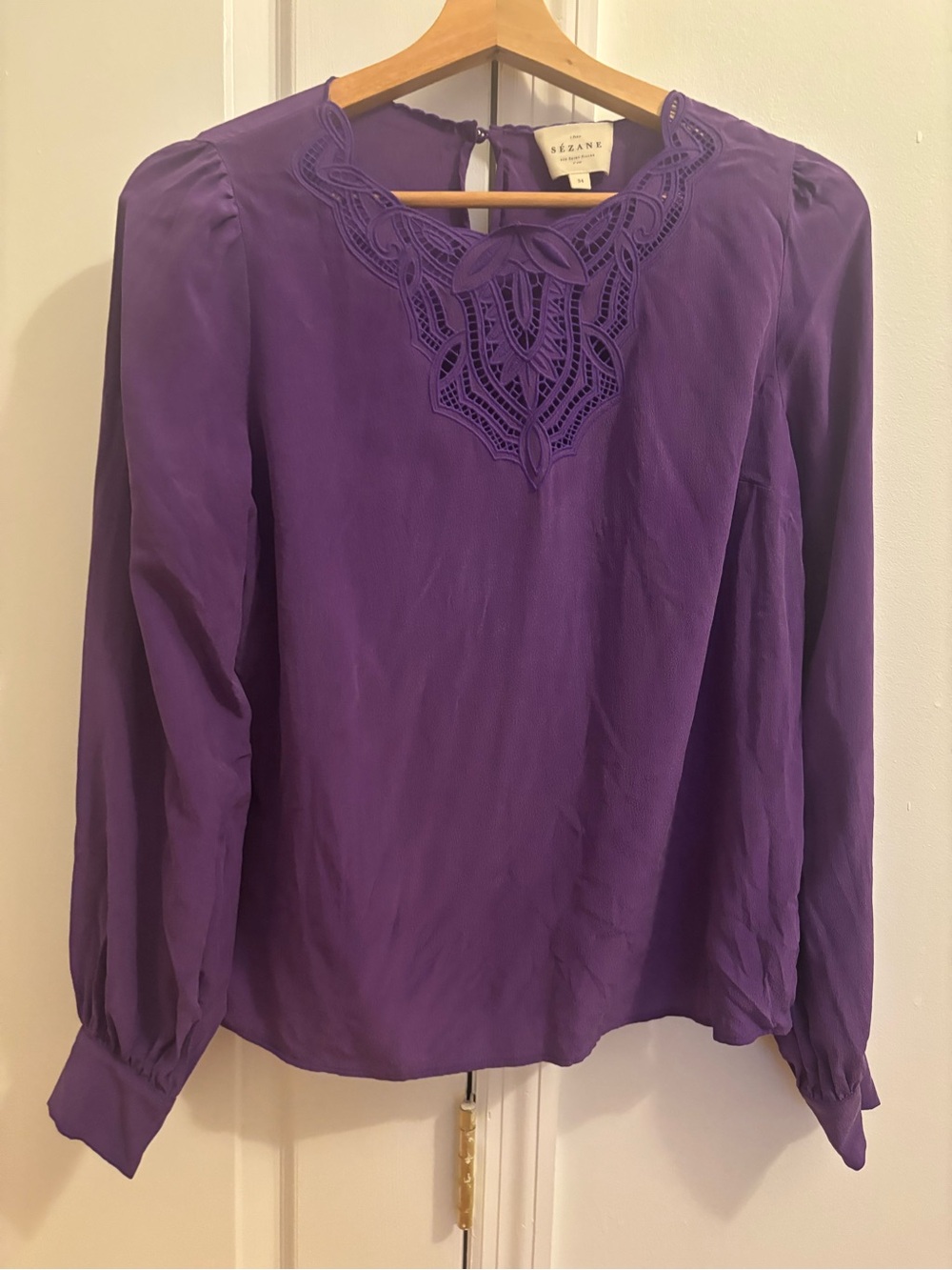 Sezane Purple Lace-Detail Long Sleeve Blouse